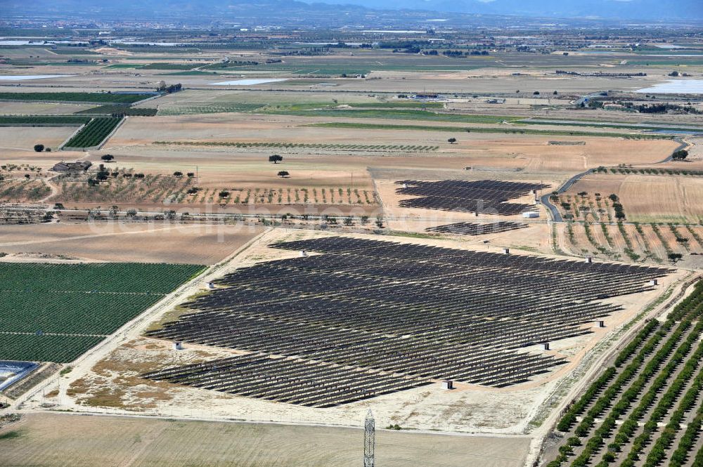 Aerial image Los Martinez - Solar fileds, Solar Park esp. photovoltaic plant Los Martinez in Spain. Operator of the plant is the EEPro Company