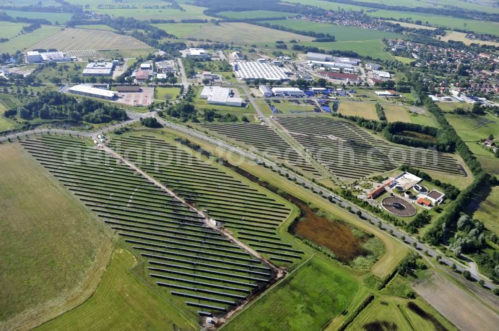 Aerial photograph Boizenburg - Boizenburg 08/07/2012 Newly built solar panel, photovoltaic solar park or along the road 5 on the industrial and commercial area of the eastern edge of Boizenburg / Elbe. The plant operator is the EEPro Company