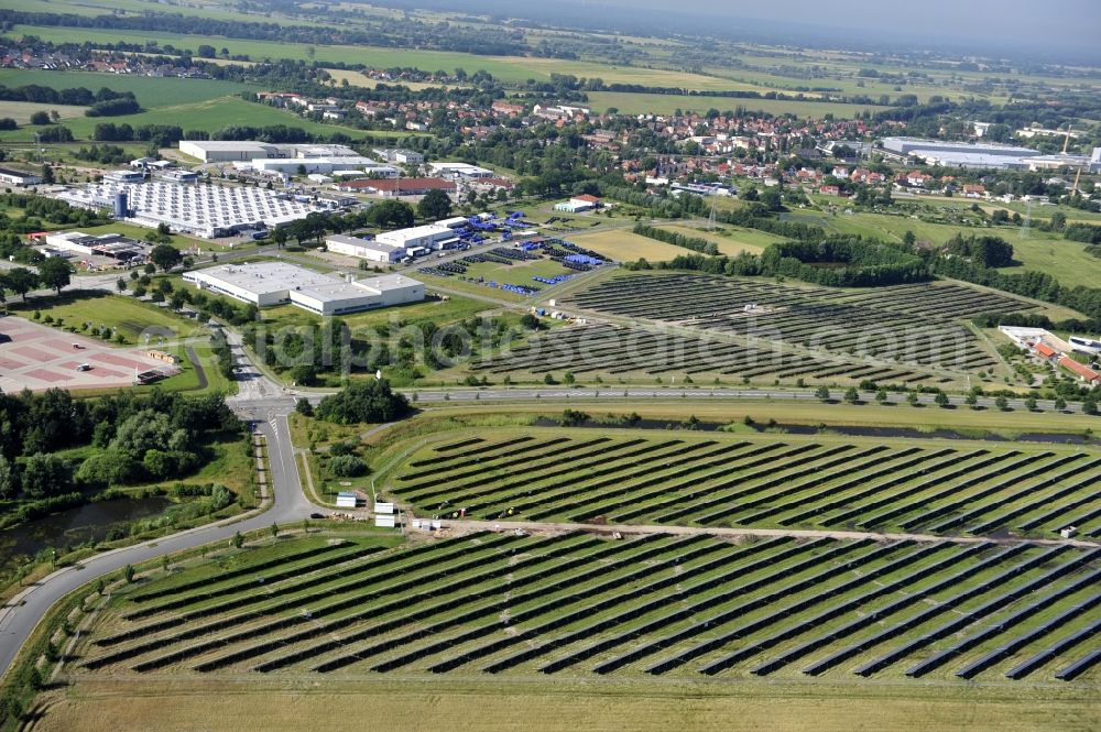 Aerial photograph Boizenburg - Boizenburg 08/07/2012 Newly built solar panel, photovoltaic solar park or along the road 5 on the industrial and commercial area of the eastern edge of Boizenburg / Elbe. The plant operator is the EEPro Company