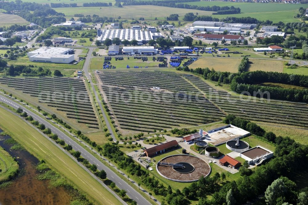 Aerial image Boizenburg - Boizenburg 08/07/2012 Newly built solar panel, photovoltaic solar park or along the road 5 on the industrial and commercial area of the eastern edge of Boizenburg / Elbe. The plant operator is the EEPro Company