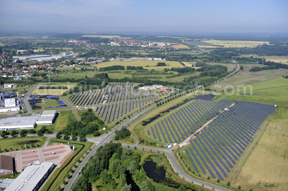 Aerial image Boizenburg - Boizenburg 08/07/2012 Newly built solar panel, photovoltaic solar park or along the road 5 on the industrial and commercial area of the eastern edge of Boizenburg / Elbe. The plant operator is the EEPro Company