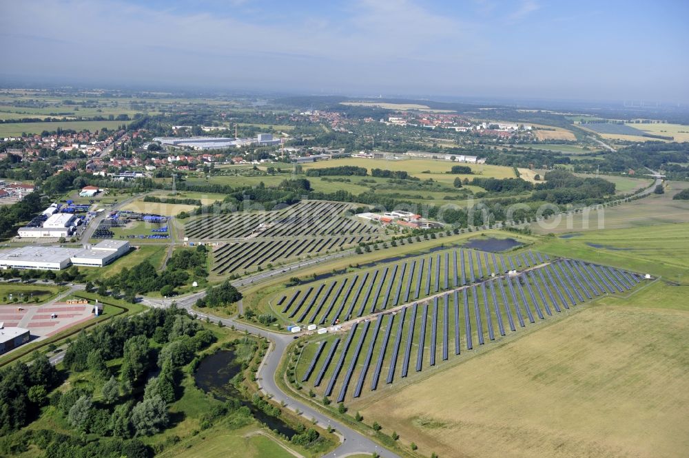 Aerial photograph Boizenburg - Boizenburg 08/07/2012 Newly built solar panel, photovoltaic solar park or along the road 5 on the industrial and commercial area of the eastern edge of Boizenburg / Elbe. The plant operator is the EEPro Company