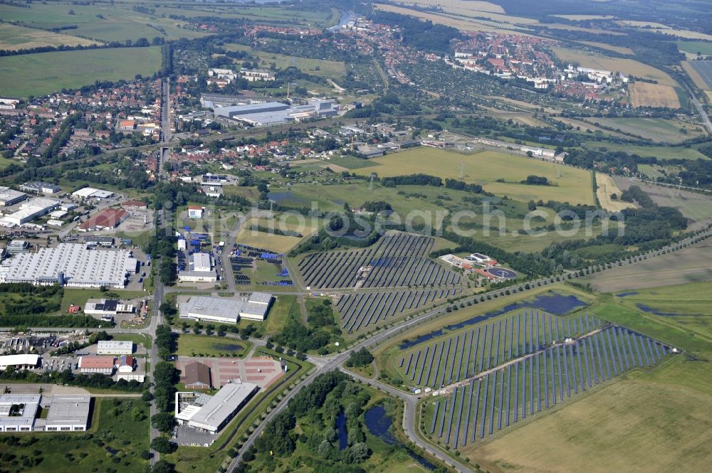 Aerial image Boizenburg - Boizenburg 08/07/2012 Newly built solar panel, photovoltaic solar park or along the road 5 on the industrial and commercial area of the eastern edge of Boizenburg / Elbe. The plant operator is the EEPro Company