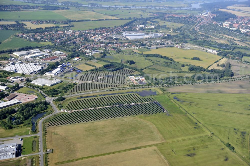 Aerial photograph Boizenburg - Boizenburg 08/07/2012 Newly built solar panel, photovoltaic solar park or along the road 5 on the industrial and commercial area of the eastern edge of Boizenburg / Elbe. The plant operator is the EEPro Company