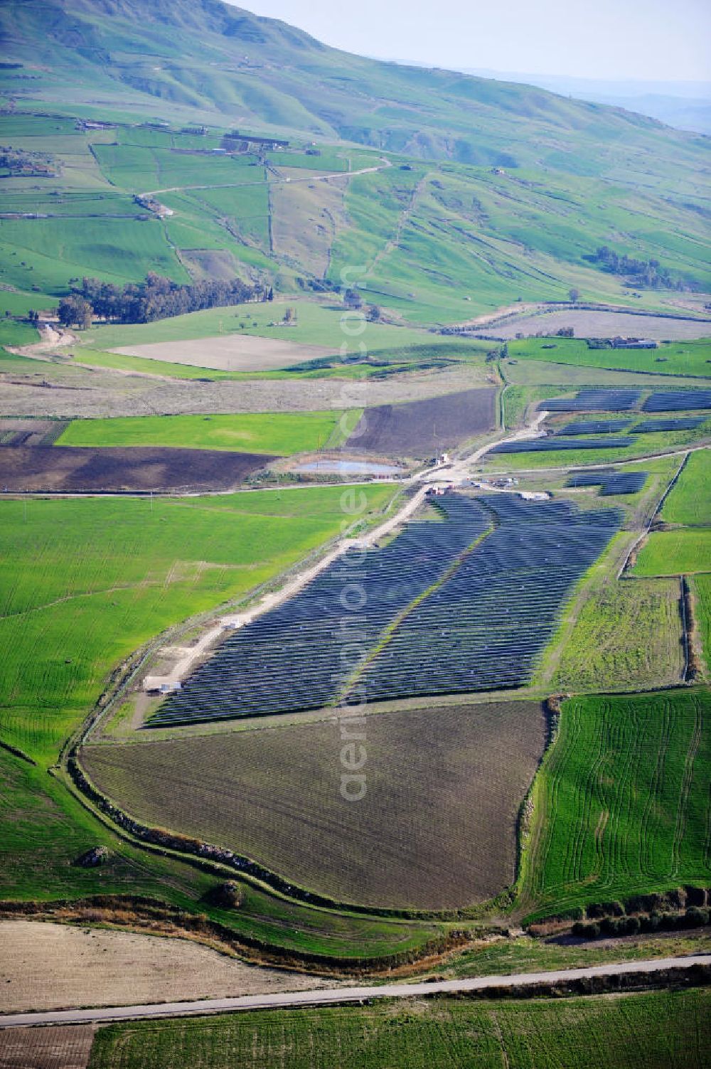 Aerial photograph Villalba auf Sizilien - Solar fileds, Solar Park esp. photovoltaic plant Villalba at Sicily in Italy. Operator of the plant is the EEPro Company