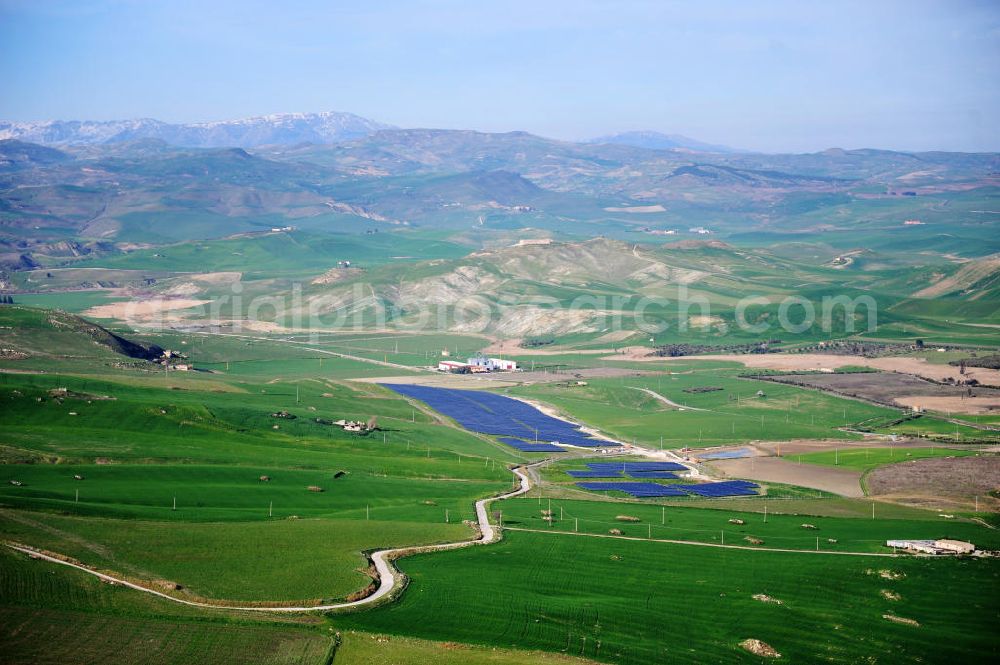 Villalba auf Sizilien from the bird's eye view: Solar fileds, Solar Park esp. photovoltaic plant Villalba at Sicily in Italy. Operator of the plant is the EEPro Company