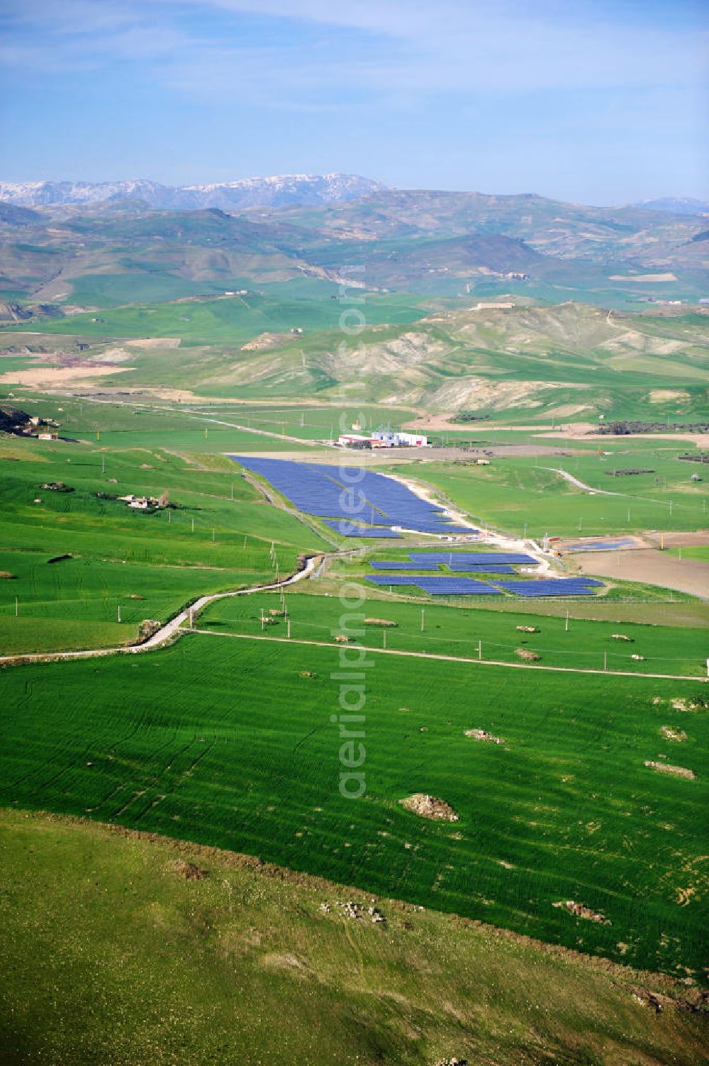 Aerial image Villalba auf Sizilien - Solar fileds, Solar Park esp. photovoltaic plant Villalba at Sicily in Italy. Operator of the plant is the EEPro Company