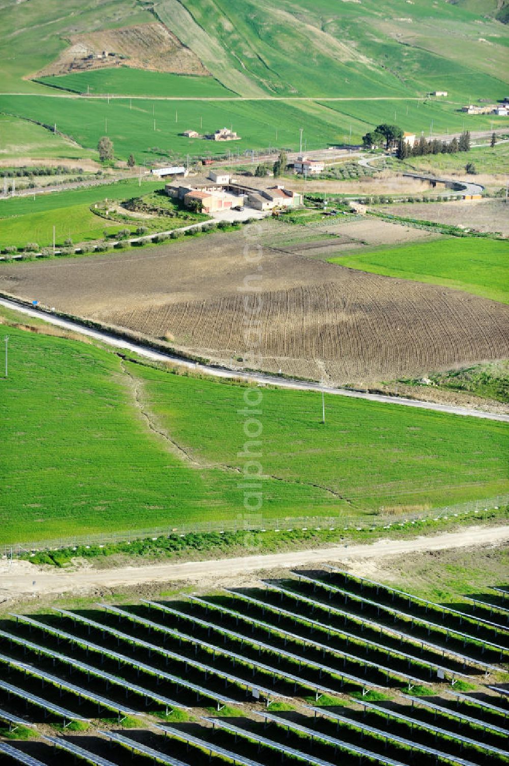 Aerial photograph Villalba auf Sizilien - Solar fileds, Solar Park esp. photovoltaic plant Villalba at Sicily in Italy. Operator of the plant is the EEPro Company