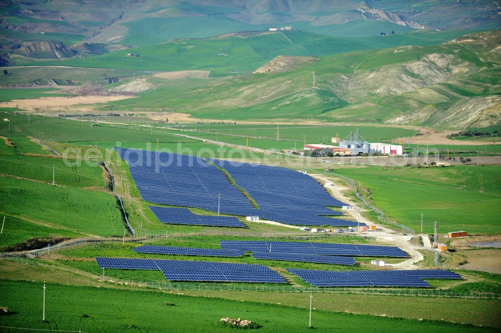 Aerial image Villalba auf Sizilien - Solar fileds, Solar Park esp. photovoltaic plant Villalba at Sicily in Italy. Operator of the plant is the EEPro Company