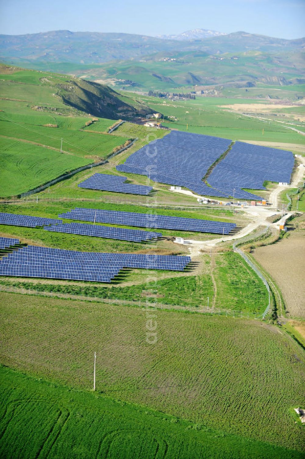 Villalba auf Sizilien from above - Solar fileds, Solar Park esp. photovoltaic plant Villalba at Sicily in Italy. Operator of the plant is the EEPro Company