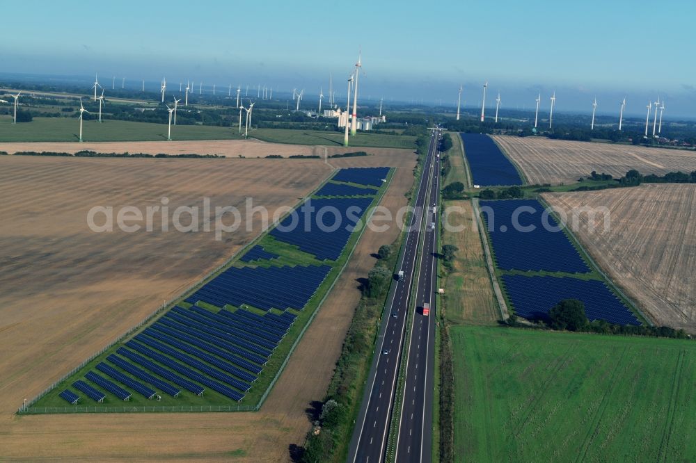 Aerial image Kuckuck - Solar fields of photovoltaic power plant along the course of the A24 motorway at Kuckuk in Brandenburg