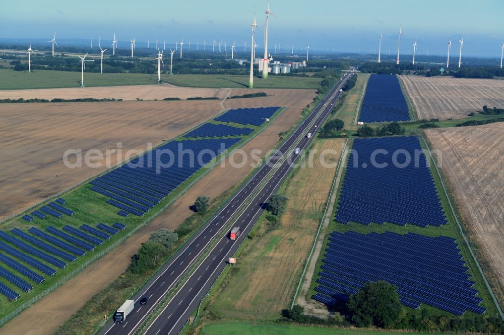 Kuckuck from above - Solar fields of photovoltaic power plant along the course of the A24 motorway at Kuckuk in Brandenburg