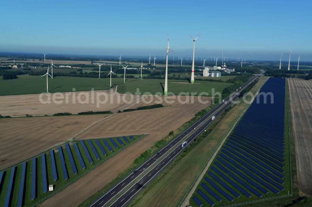 Kuckuck from above - Solar fields of photovoltaic power plant along the course of the A24 motorway at Kuckuk in Brandenburg