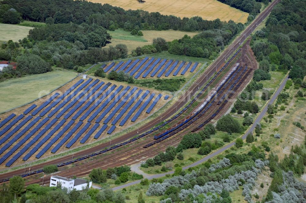 Großräschen from the bird's eye view: Marshalling yard and freight station of the Deutsche Bahn in Grossraeschen in the state Brandenburg, Germany