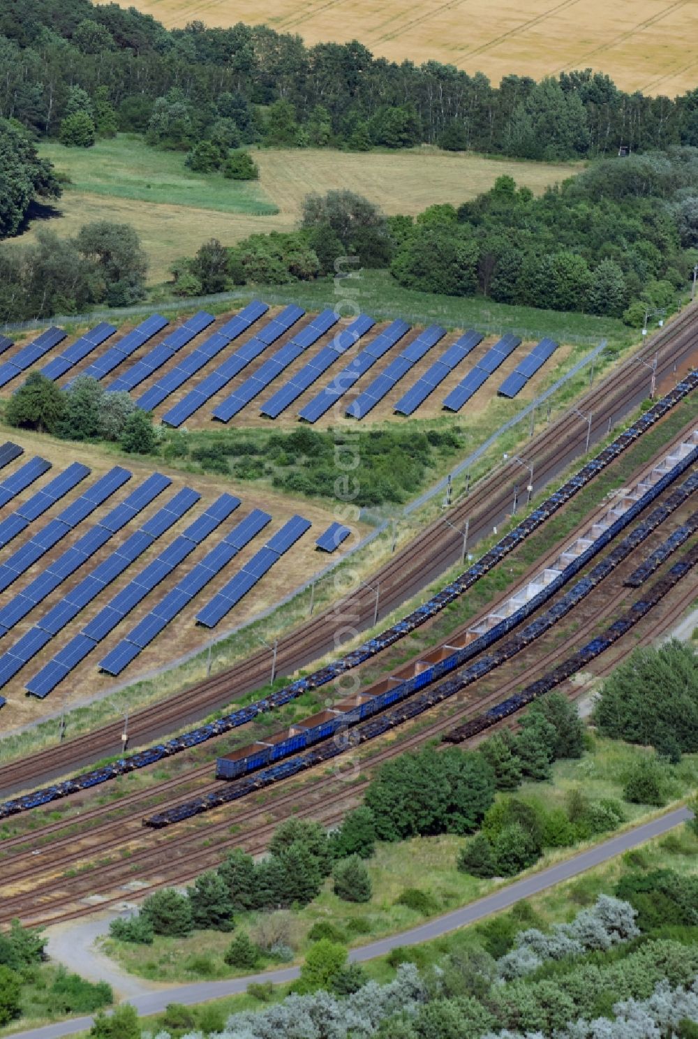 Aerial image Großräschen - Marshalling yard and freight station of the Deutsche Bahn in Grossraeschen in the state Brandenburg, Germany