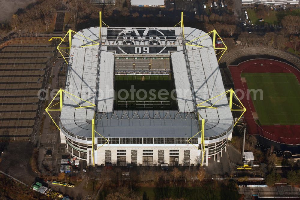 Aerial image Dortmund - Mit Solarpaneelen / Solarflächen als BVB - Logo aufgerüstetes Dach des Borusseum , dem Stadion Signal Iduna Park des BVB. With solar panels as BVB - logo has been upgraded roof of Borusseum, the Signal Iduna Park stadium of Borussia Dortmund.