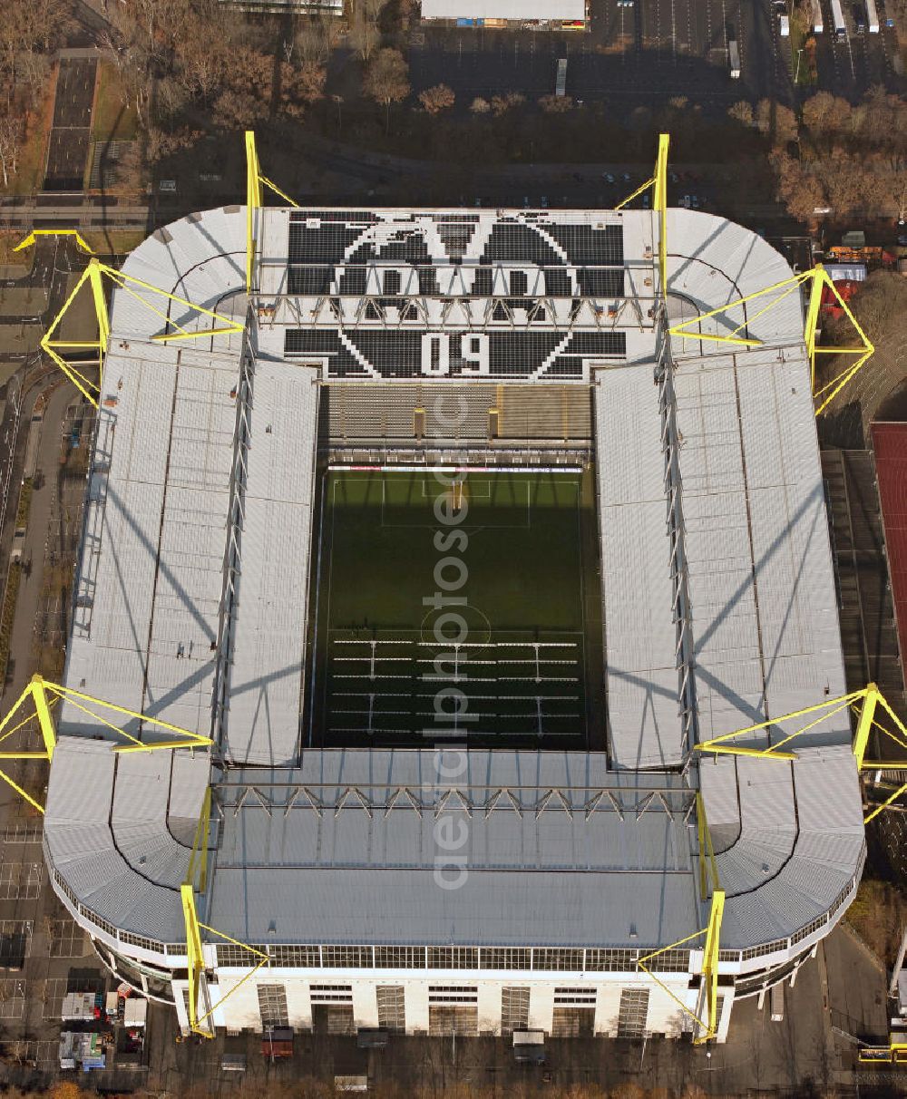 Aerial image Dortmund - Mit Solarpaneelen / Solarflächen als BVB - Logo aufgerüstetes Dach des Borusseum , dem Stadion Signal Iduna Park des BVB. With solar panels as BVB - logo has been upgraded roof of Borusseum, the Signal Iduna Park stadium of Borussia Dortmund.