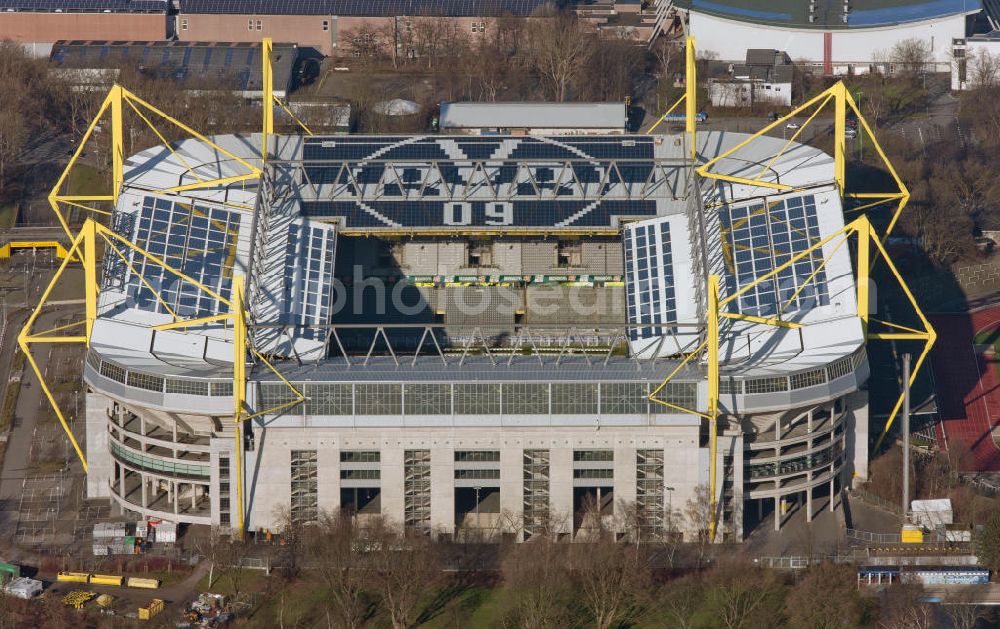 Aerial image Dortmund - With solar panels as BVB - logo has been upgraded roof of Borusseum, the Signal Iduna Park stadium of Borussia Dortmund