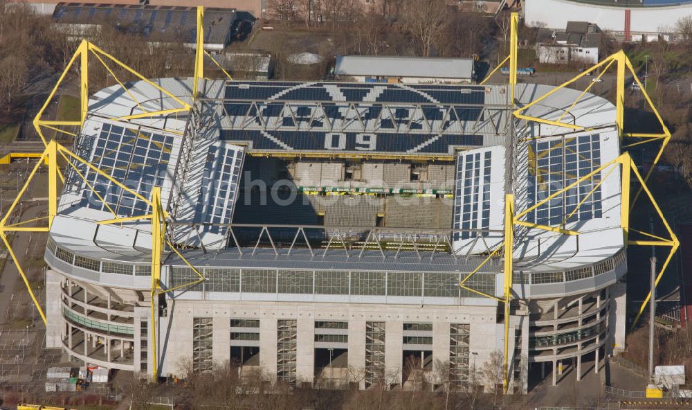 Aerial photograph Dortmund - With solar panels as BVB - logo has been upgraded roof of Borusseum, the Signal Iduna Park stadium of Borussia Dortmund