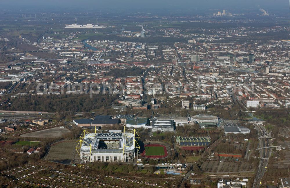 Dortmund from above - With solar panels as BVB - logo has been upgraded roof of Borusseum, the Signal Iduna Park stadium of Borussia Dortmund