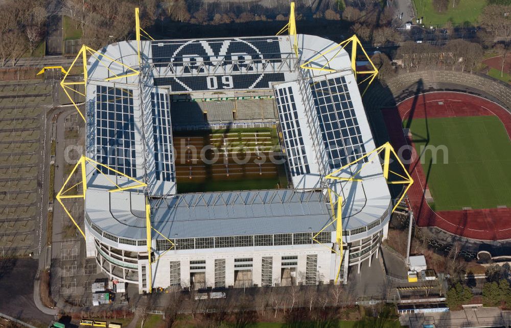 Dortmund from the bird's eye view: With solar panels as BVB - logo has been upgraded roof of Borusseum, the Signal Iduna Park stadium of Borussia Dortmund