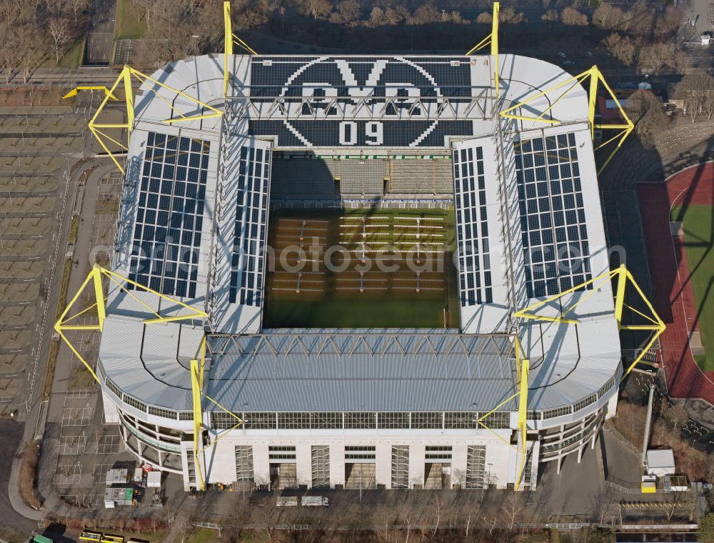 Aerial image Dortmund - With solar panels as BVB - logo has been upgraded roof of Borusseum, the Signal Iduna Park stadium of Borussia Dortmund