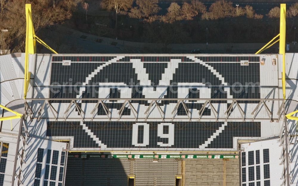 Aerial photograph Dortmund - With solar panels as BVB - logo has been upgraded roof of Borusseum, the Signal Iduna Park stadium of Borussia Dortmund