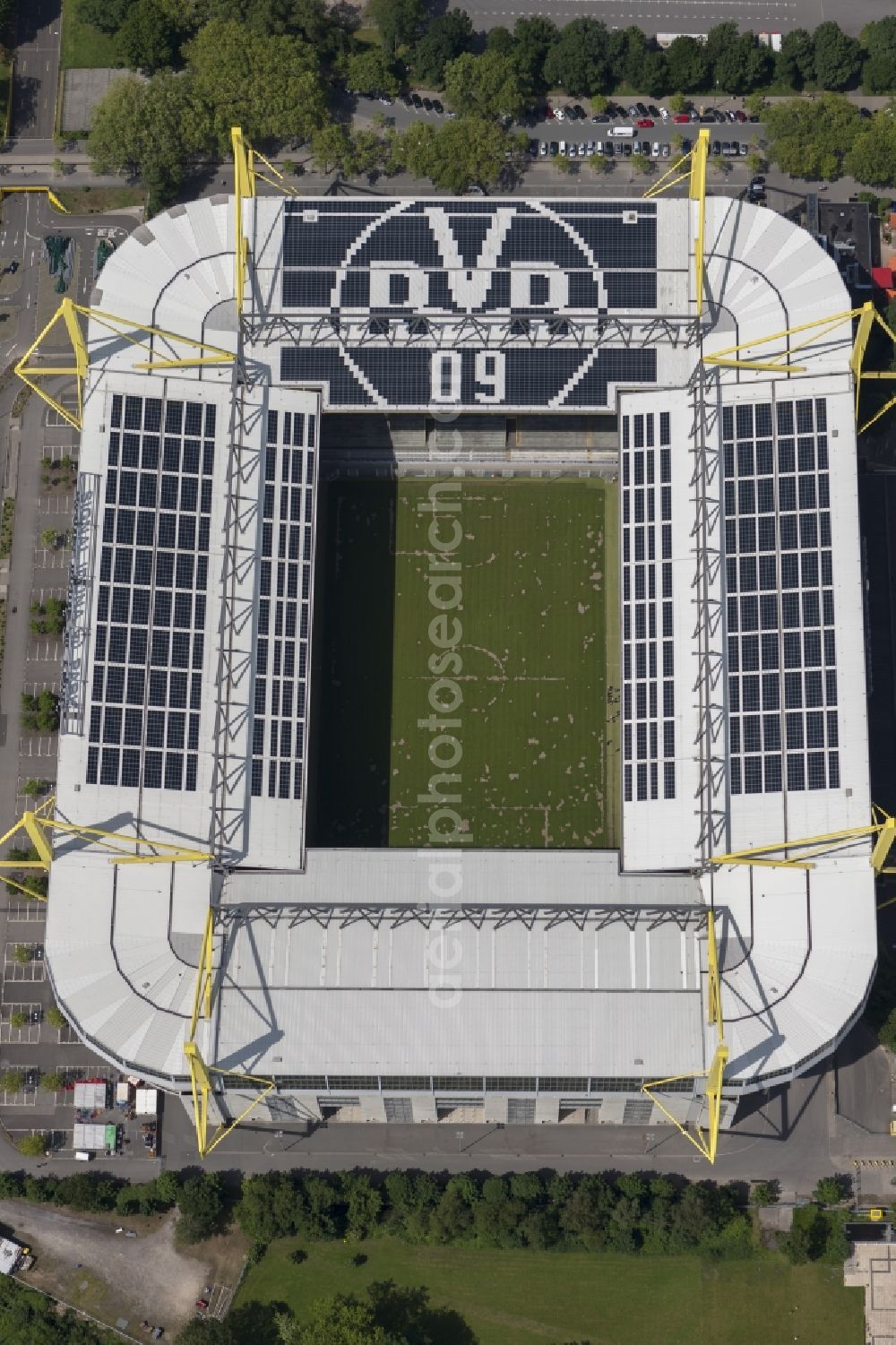 Aerial image Dortmund - With solar panels as BVB - logo has been upgraded roof of Borusseum, the Signal Iduna Park stadium of Borussia Dortmund