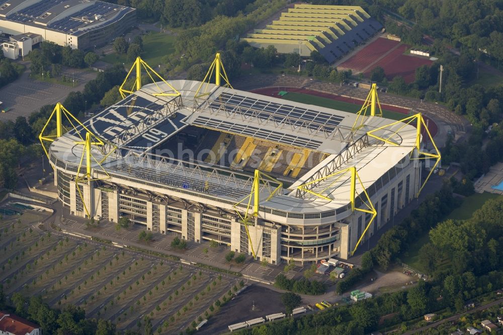 Aerial photograph Dortmund - With solar panels as BVB - logo has been upgraded roof of Borusseum, the Signal Iduna Park stadium of Borussia Dortmund