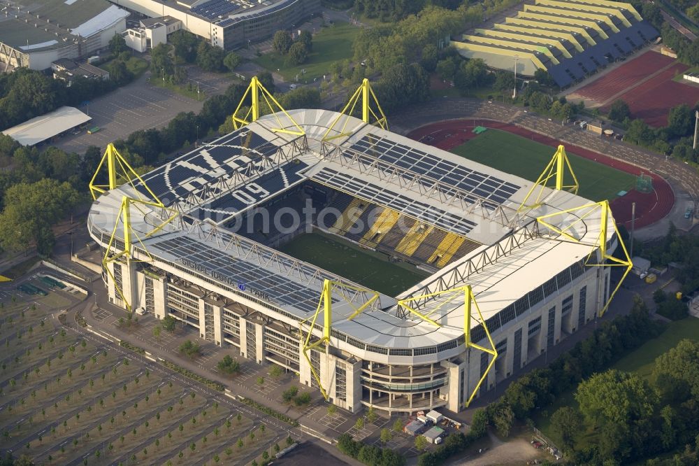 Dortmund from above - With solar panels as BVB - logo has been upgraded roof of Borusseum, the Signal Iduna Park stadium of Borussia Dortmund