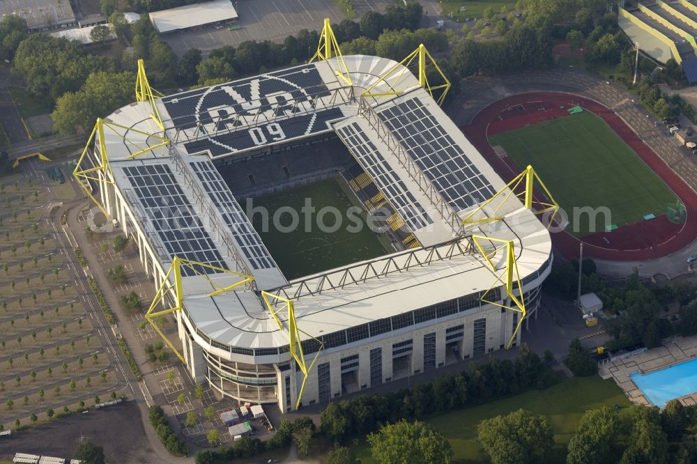 Dortmund from the bird's eye view: With solar panels as BVB - logo has been upgraded roof of Borusseum, the Signal Iduna Park stadium of Borussia Dortmund