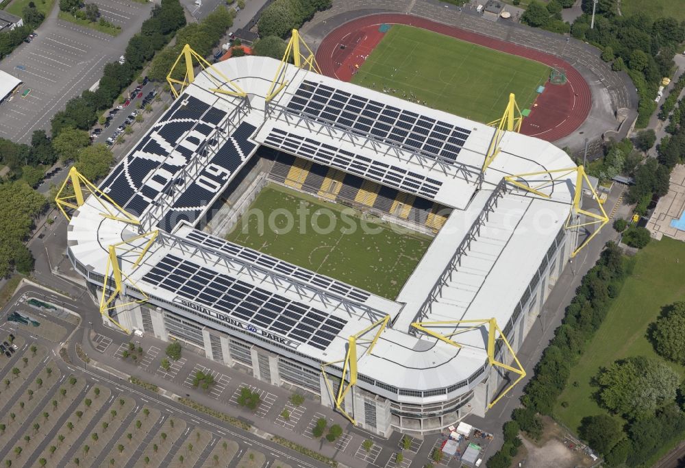 Aerial image Dortmund - With solar panels as BVB - logo has been upgraded roof of Borusseum, the Signal Iduna Park stadium of Borussia Dortmund