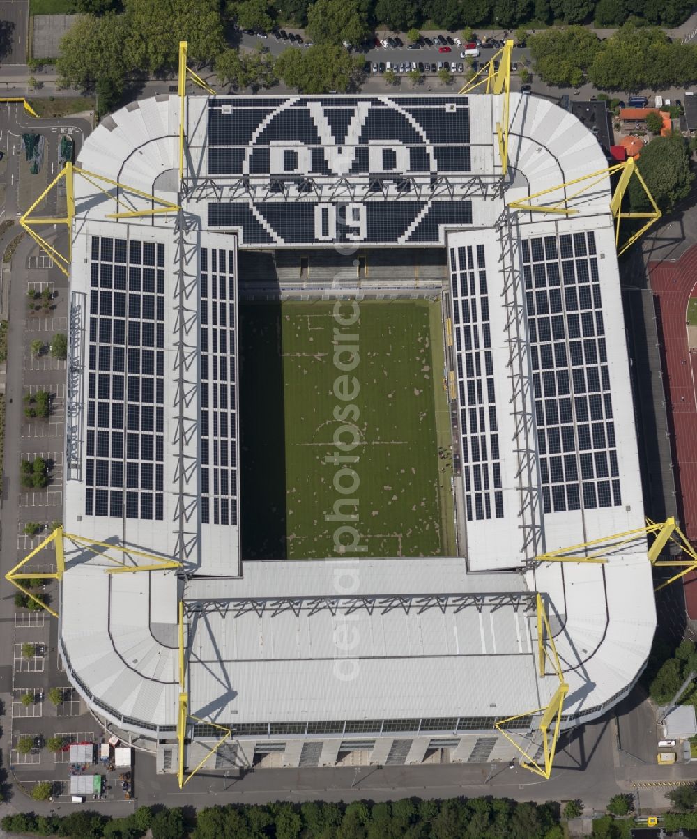 Aerial photograph Dortmund - With solar panels as BVB - logo has been upgraded roof of Borusseum, the Signal Iduna Park stadium of Borussia Dortmund