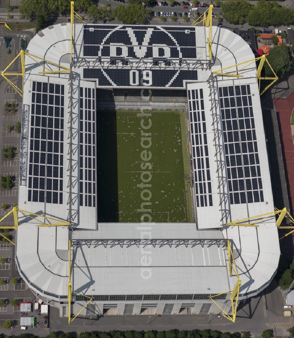 Dortmund from above - With solar panels as BVB - logo has been upgraded roof of Borusseum, the Signal Iduna Park stadium of Borussia Dortmund