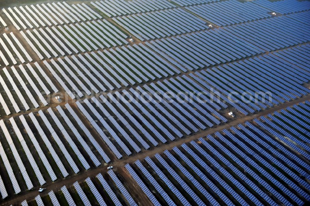 Fürstenwalde/Spree from above - Solar power plant and photovoltaic systems on the former airfield in Fuerstenwalde / Spree in Brandenburg