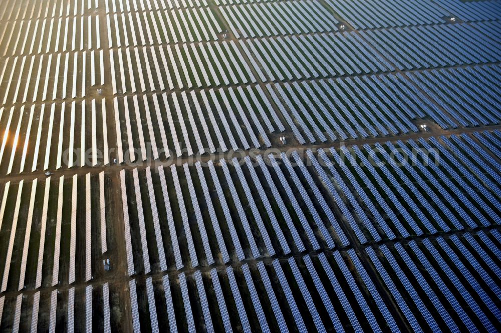 Fürstenwalde/Spree from the bird's eye view: Solar power plant and photovoltaic systems on the former airfield in Fuerstenwalde / Spree in Brandenburg