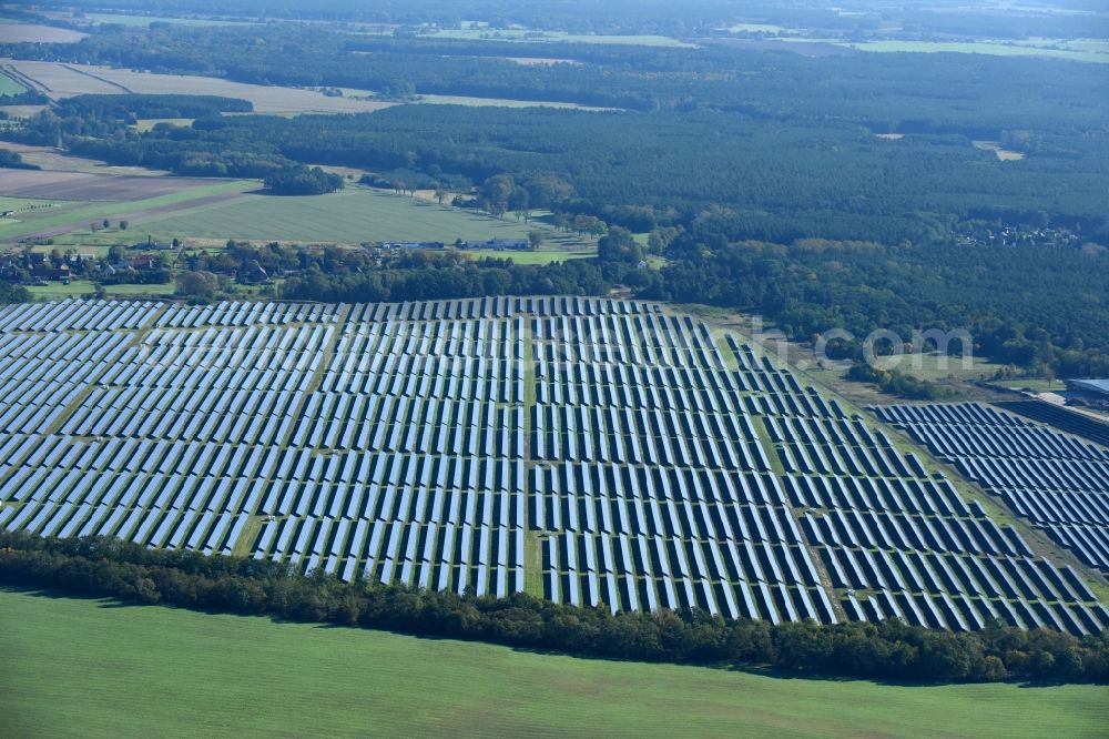 Fürstenwalde/Spree from above - Solar power plant and photovoltaic systems on the formerly airfield in Fuerstenwalde/Spree in the state Brandenburg, Germany