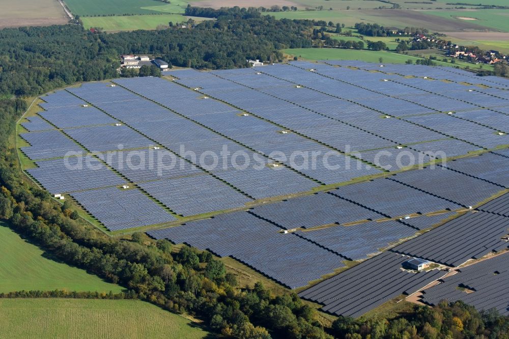 Fürstenwalde/Spree from above - Solar power plant and photovoltaic systems on the formerly airfield in Fuerstenwalde/Spree in the state Brandenburg, Germany