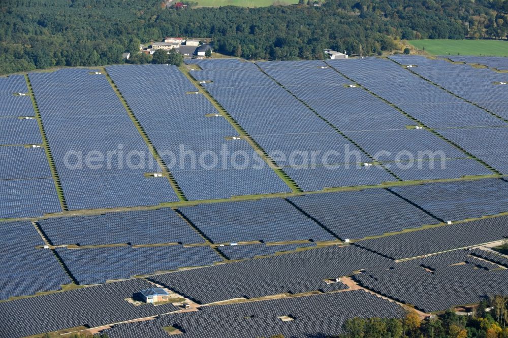 Fürstenwalde/Spree from the bird's eye view: Solar power plant and photovoltaic systems on the formerly airfield in Fuerstenwalde/Spree in the state Brandenburg, Germany