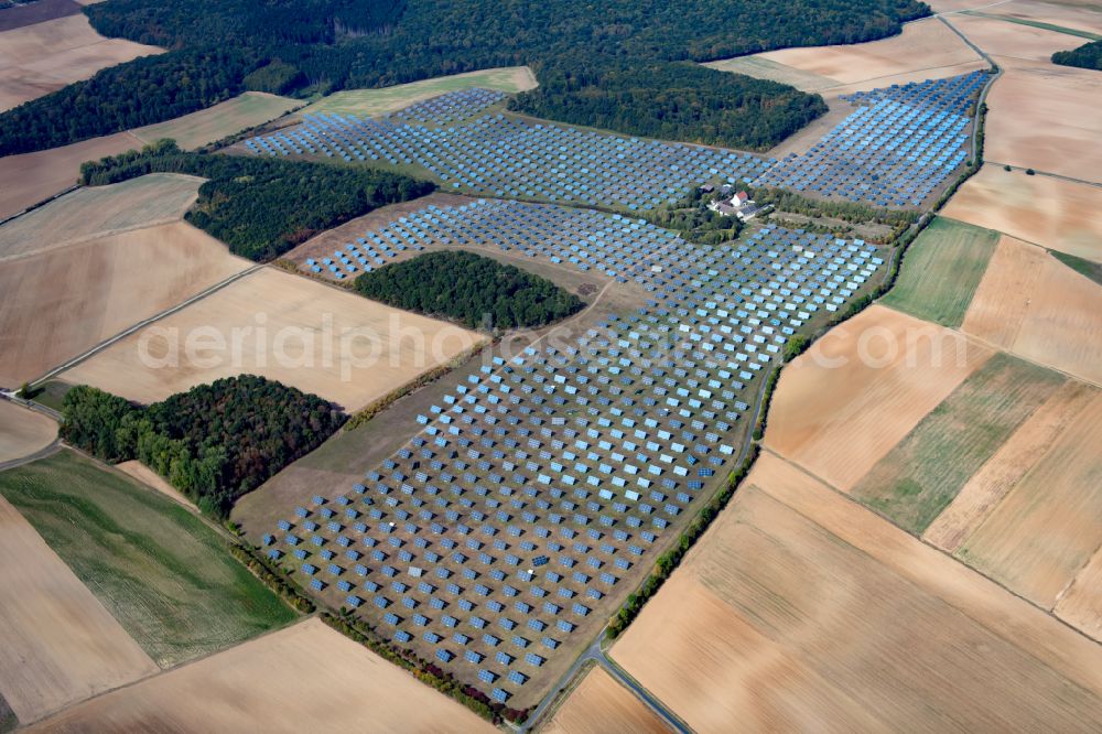 Aerial image Erlasee - Rows of panels of a solar power plant and photovoltaic system on a field in Erlasee in the state Bavaria, Germany