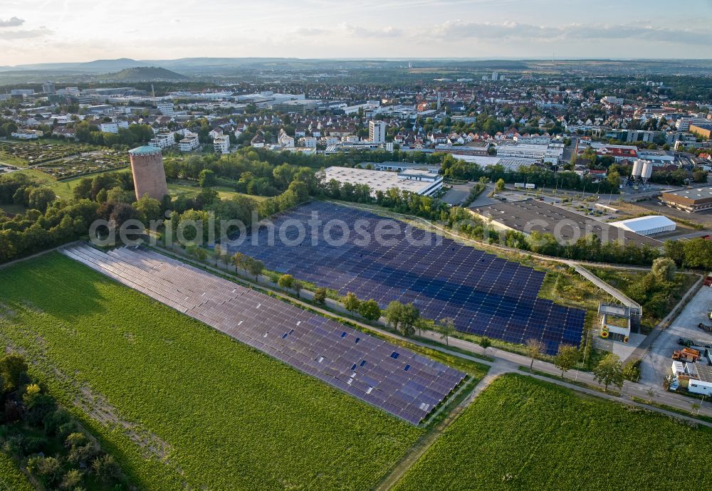 Ludwigsburg from the bird's eye view: Panel rows of a solar power plant and solar thermal system on a field on the street Roemerhuegelweg in Ludwigsburg in the state of Baden-Wuerttemberg, Germany