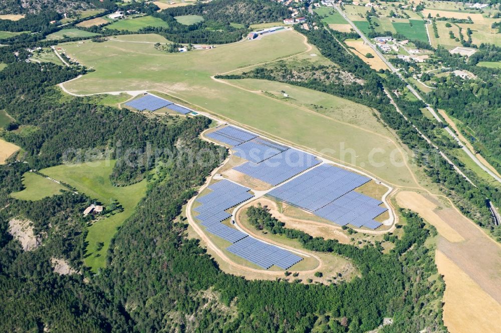 Aspres-sur-Buëch from above - Solar power plant and photovoltaic systems on the airfield in Aspres-sur-Buech in Provence-Alpes-Cote d'Azur, France