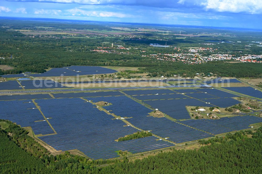 Finowfurt from the bird's eye view: Solar power plant and photovoltaic systems on the airfield in Finowfurt at Schorfheide in the state Brandenburg, Germany