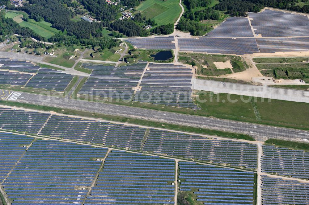 Eberswalde from above - Solar power plant and photovoltaic systems on the airfield in the district Finow in Eberswalde in the state Brandenburg, Germany