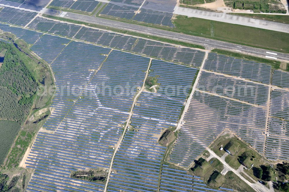 Eberswalde from the bird's eye view: Solar power plant and photovoltaic systems on the airfield in the district Finow in Eberswalde in the state Brandenburg, Germany