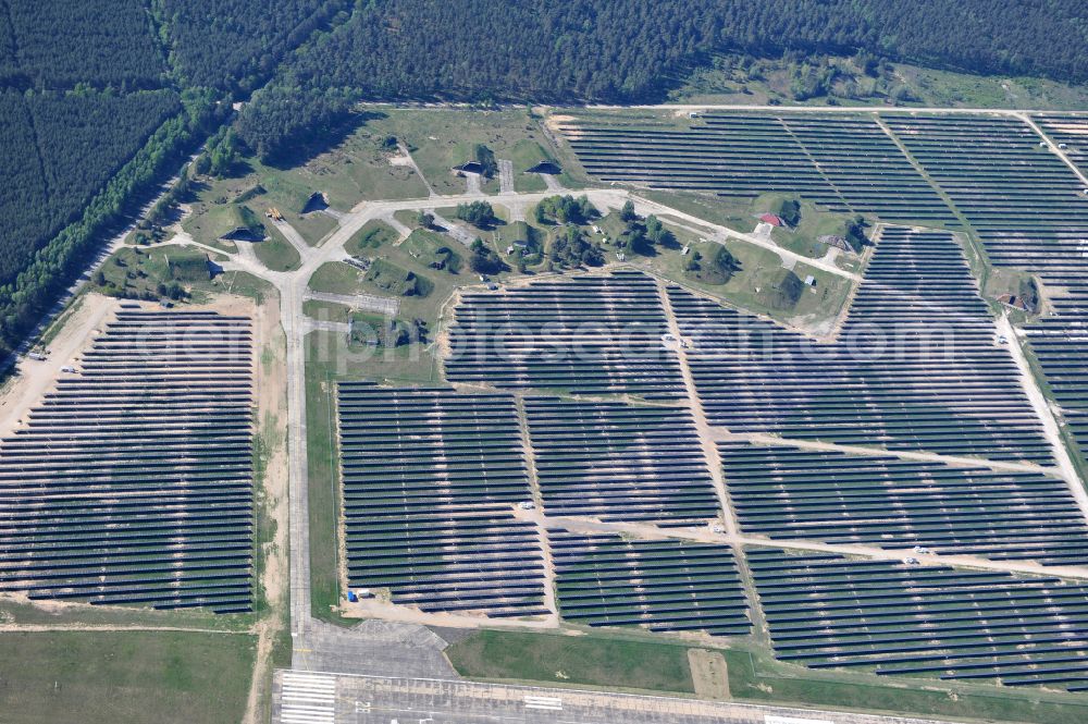 Eberswalde from above - Solar power plant and photovoltaic systems on the airfield in the district Finow in Eberswalde in the state Brandenburg, Germany