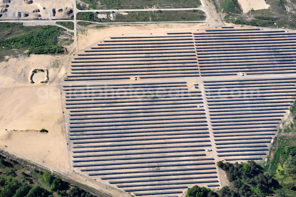 Eberswalde from the bird's eye view: Solar power plant and photovoltaic systems on the airfield in the district Finow in Eberswalde in the state Brandenburg, Germany