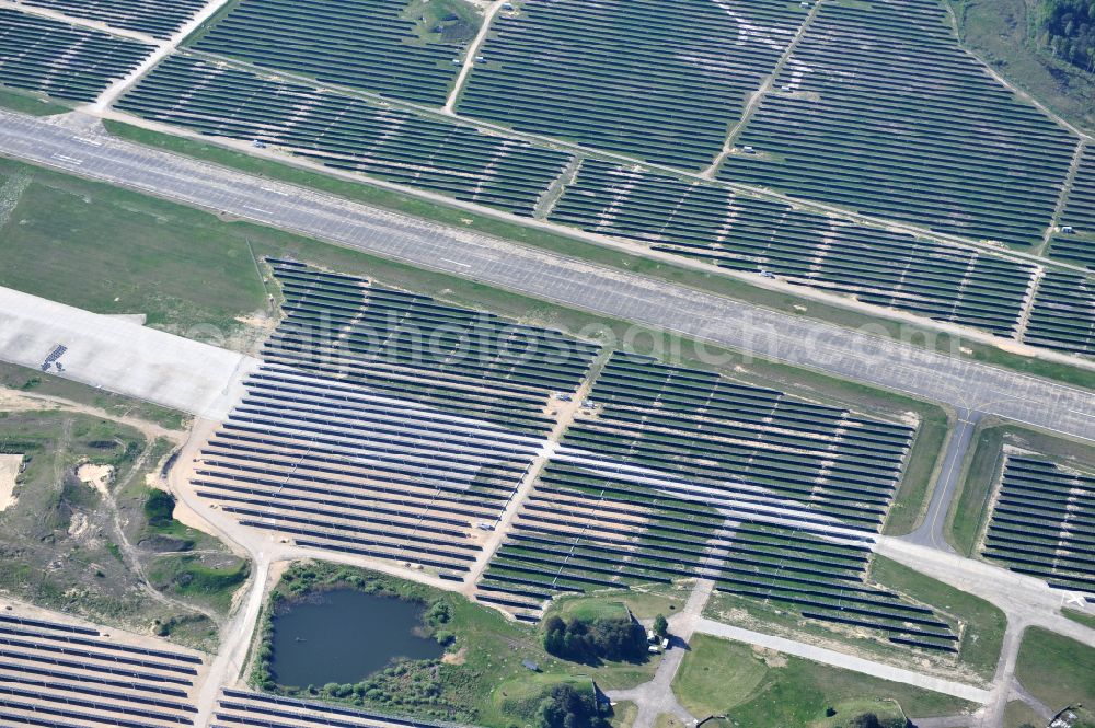 Eberswalde from above - Solar power plant and photovoltaic systems on the airfield in the district Finow in Eberswalde in the state Brandenburg, Germany