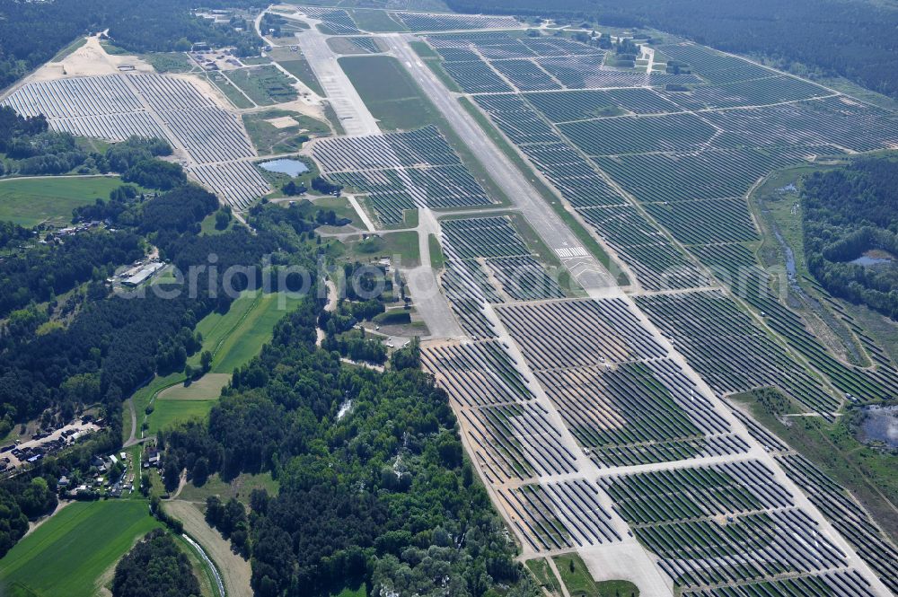 Eberswalde from above - Solar power plant and photovoltaic systems on the airfield in the district Finow in Eberswalde in the state Brandenburg, Germany