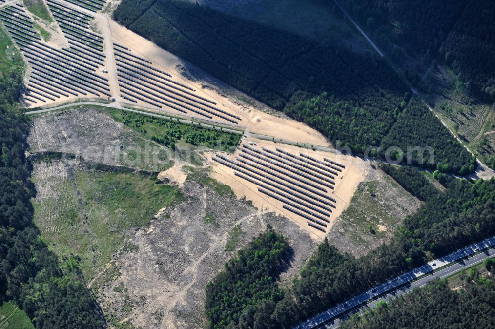 Eberswalde from the bird's eye view: Solar power plant and photovoltaic systems on the airfield in the district Finow in Eberswalde in the state Brandenburg, Germany